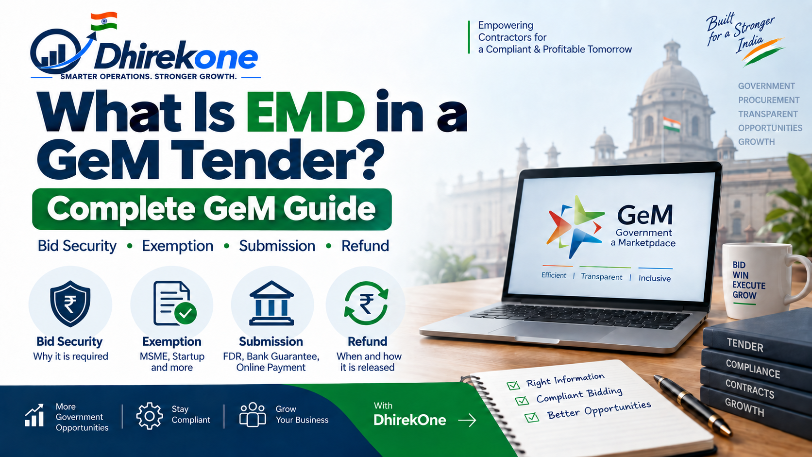 Guide explaining Earnest Money Deposit or EMD in GeM tenders, including bid security requirements, exemption, submission, validity and refund for sellers.