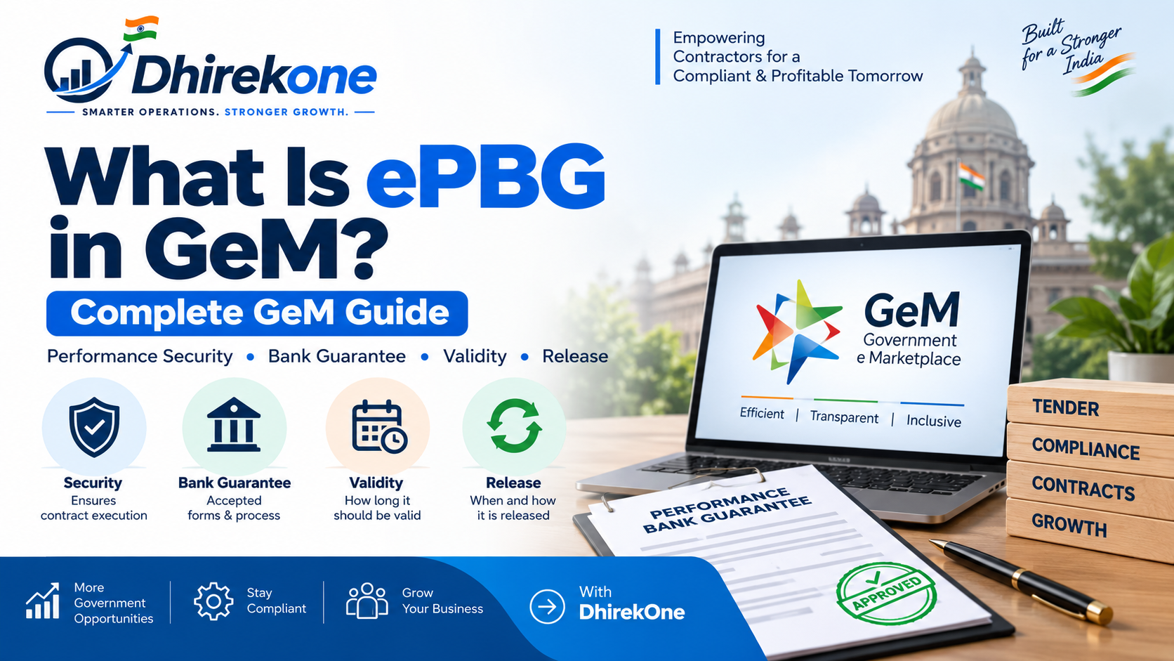 Guide explaining ePBG and Performance Security in GeM tenders, including percentage, Bank Guarantee, validity, submission, contract performance and release.