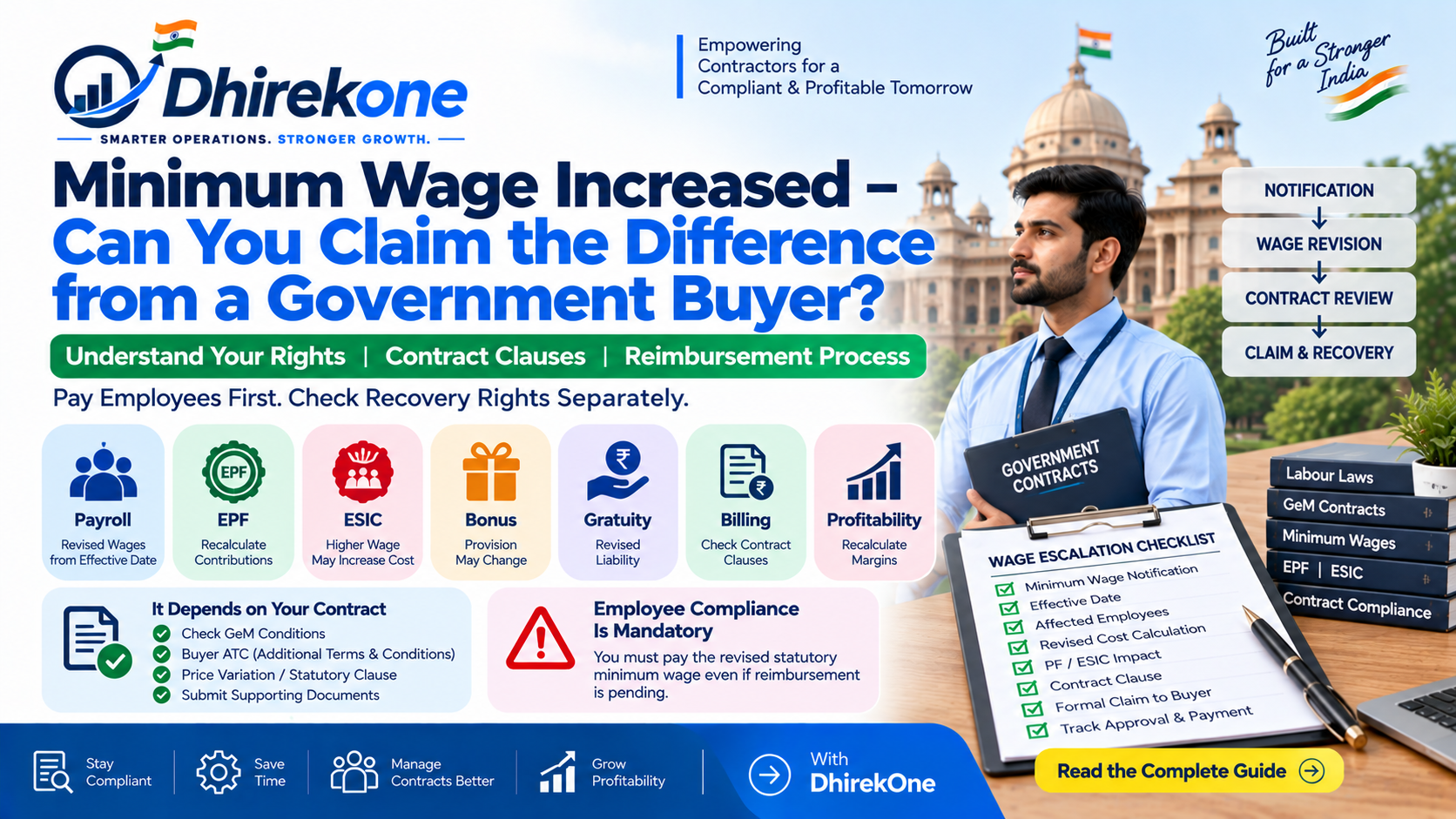 Guide explaining whether manpower contractors can claim wage escalation from Government buyers after minimum wage or VDA revision, including reimbursement, contract clauses and statutory compliance.