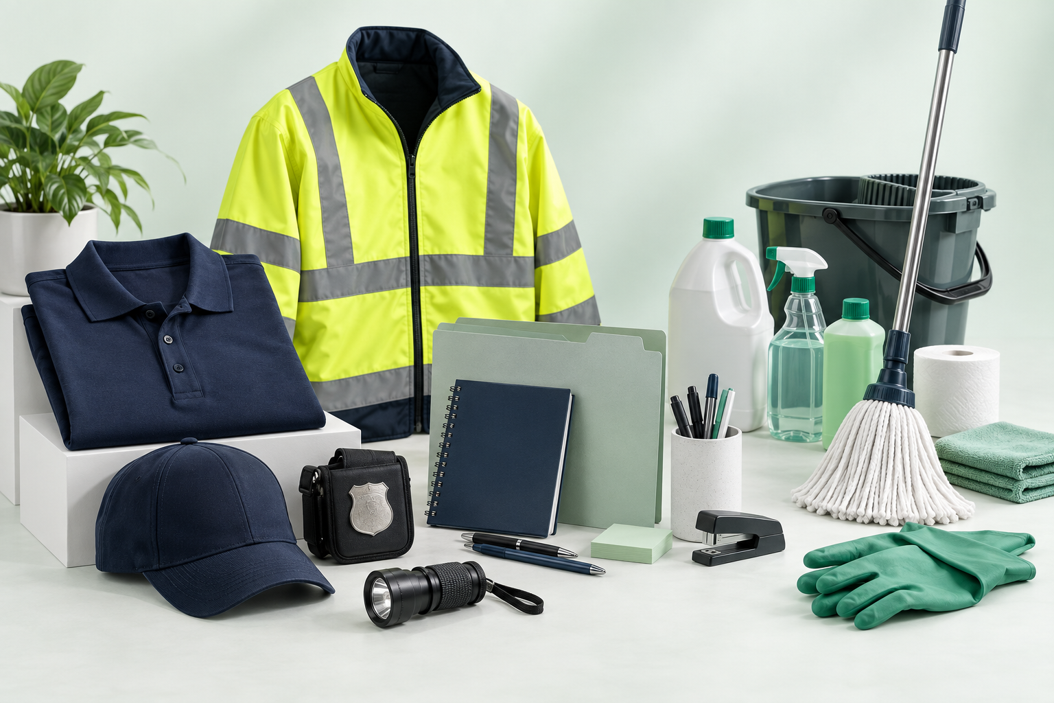 Navy uniforms, a high-visibility safety jacket, housekeeping supplies, stationery, and security accessories