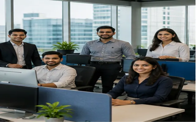 Business team reviewing work together in a professional office